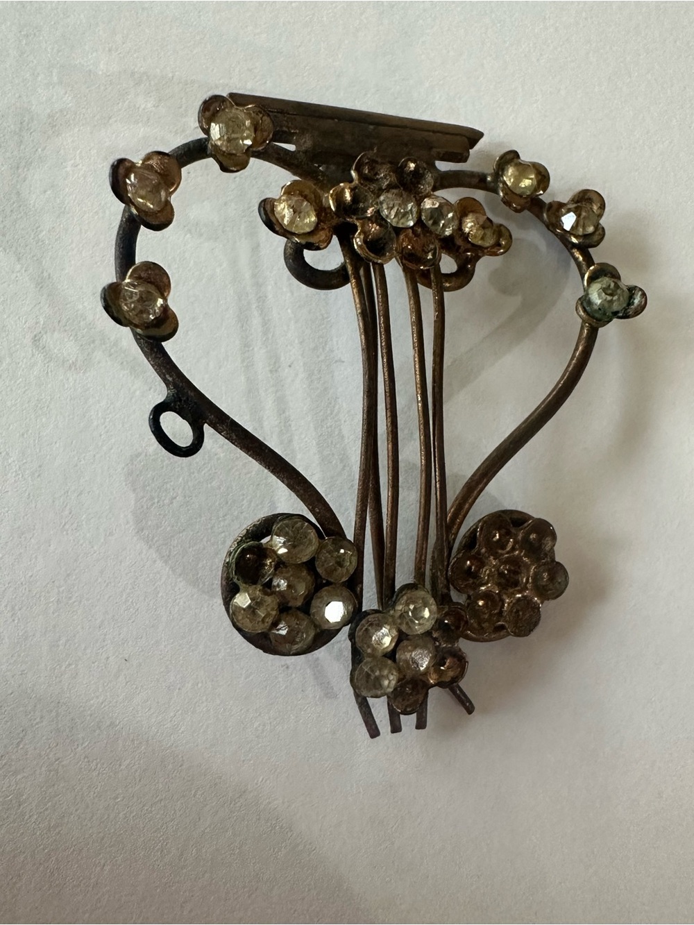 Antique-Inspired Musical instrument Crystal Brooch in dark Bronzetone metal